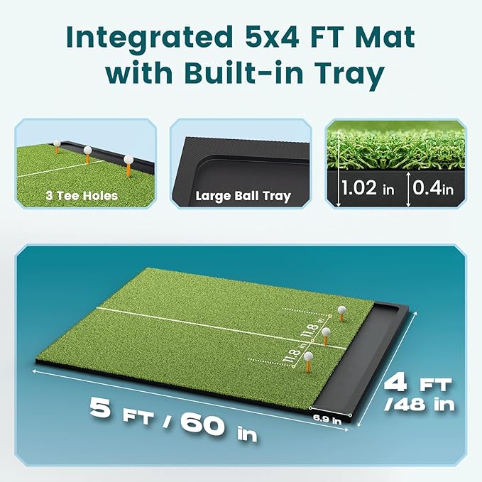 Golf Hitting Mat with Ball Tray, 5x4 & 6x4 ft, 26mm/31mm Thick, Standard & Alignment Line Options, Premium Golf Practice Mat for Indoor Outdoor Swing & Chipping