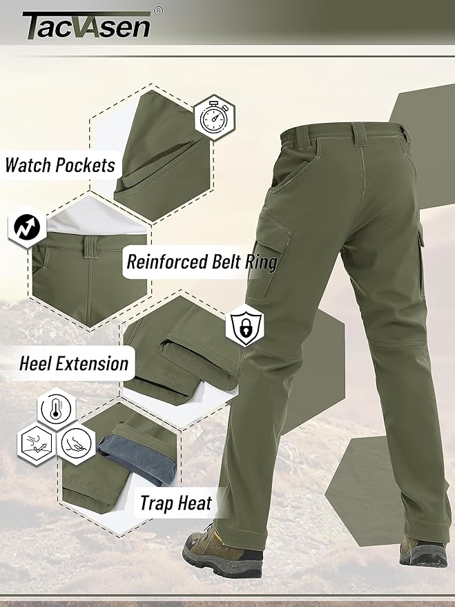 TACVASEN Men's Winter Pants 9 Pockets Fleece Snow Hiking Pants Water-Resistant Warm Softshell Thick Tactical Pants