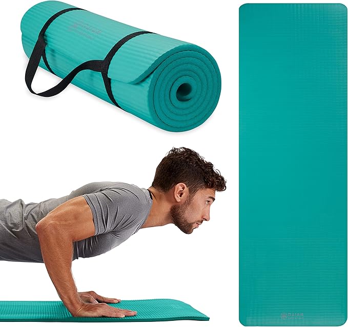Gaiam Essentials Thick Yoga Mat Fitness & Exercise Mat with Easy-Cinch Yoga Mat Carrier Strap, 72"L x 24"W x 2/5 Inch Thick