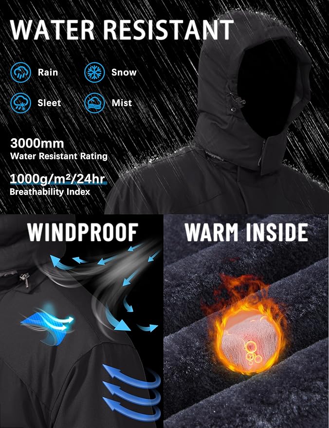 TACVASEN Winter Jacket Men's Water-Resistant Fleece Jacket Snow Ski Jacket Military Tactical Jacket Coat Parka Hood Raincoat