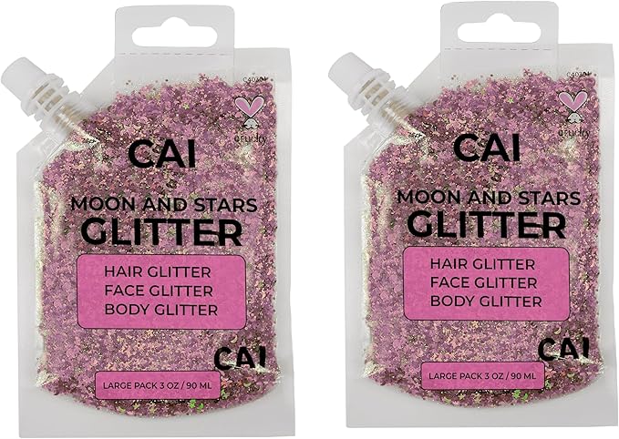 Hair Glitter Gel – Body Glitter for Kids and Women – Iridescent Holograph Cosmetic-Grade Gel w/Moon & Stars for Hair, Body & Face, Applies Smoothly w/o Glue & Washes Off Easily, 3 Oz - Rose 2Pack