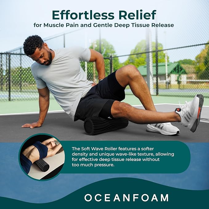 Oceanfoam Soft Tidal Roller (Black) - Low Density Foam Roller for Physical Therapy, Back Pain, Excercise & Stretching - Wave Textured - Yoga, Athletics, & Wellness - Full Size, 20" x 5"