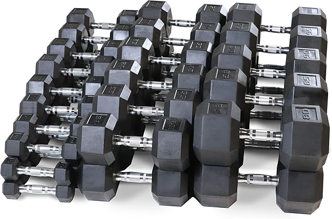 WF Athletic Supply Rubber Coated Hex Dumbbell Set, Multiple Choices Available - Dumbbells with Rack Stand and Mat, or Dumbbells Only (200/550/1200/2100/3000 LB)