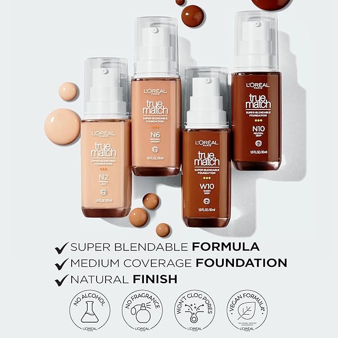 L'Oreal Paris True Match Super-Blendable Foundation, Medium Coverage Liquid Foundation Makeup, C10, Deep, 1 Fl Oz