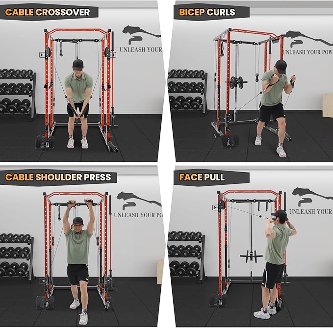 GaveeLife Power Cage, 2000 LBS Power Rack with Cable Cross-Over System, Multi-Functional Strength Training Squat Rack with LAT Pull Down System, Home Gym Equipment with Training Attachment, Red