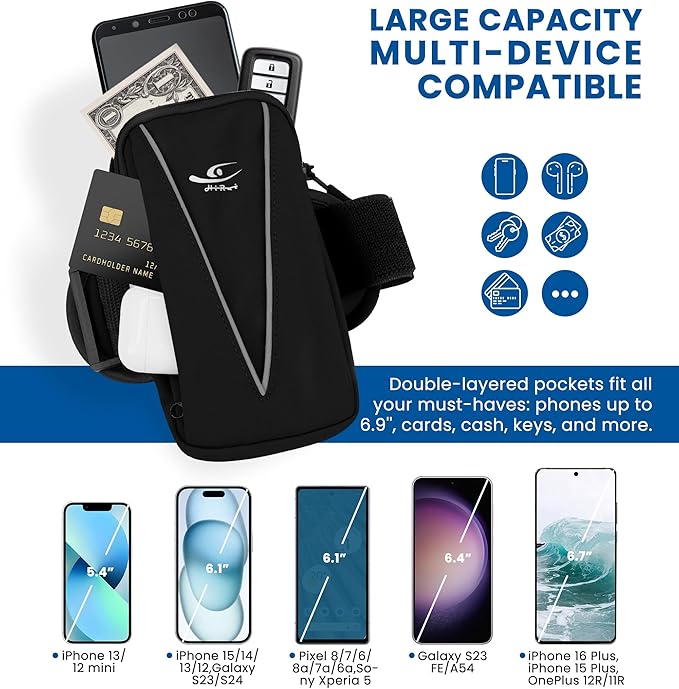 HiRui Cell Phone Holder Arm Bag & Wrist Bag for Phone, Sports Running Armband for Gym & Cycling, Compatible with iPhone 16/16Pro/Plus/15/14 Samsung Galaxy All Phones, Reflective & Adjustable (Black)