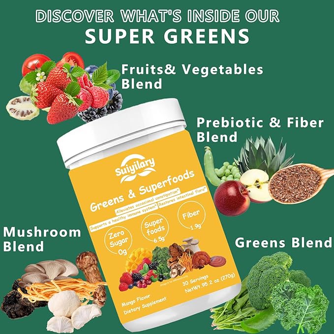 Greens Superfoods Powder for Digestive Health, Sugar Free Super Greens Powder, Spirulina, Chlorella for Bloating & Gut Support, Daily Support for Women, 30 Servings, Mango