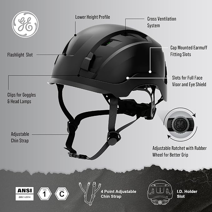 GE Safety Helmet, Impact Absorbing Tech, Adjustable Ratchet, ANSI Type 1, Memory Foam Padding, Hard Hats Protection, Lightweight, Durable, Chin Strap, Comfortable Fit OSHA Approved