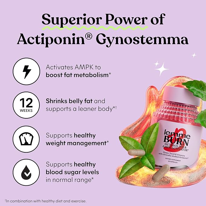 Lemme Burn - Metabolism, Belly Fat Burning + AMPK Activating Supplement for Men & Women w/Clinically Studied Actiponin Gynostemma, Green Tea Extract, Vitamins B6 & B12 - Gluten Free, 60 Count