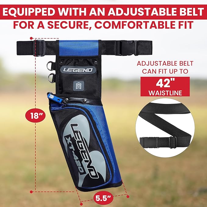 Legend XT420 Field Quiver - Left or Right-Handed Quiver Arrow Holder, Archery Quiver with 3 Arrow Tube, Durable Nylon Hip Quivers with Multiple Pockets for Archery Accessories, Score Card & Tools