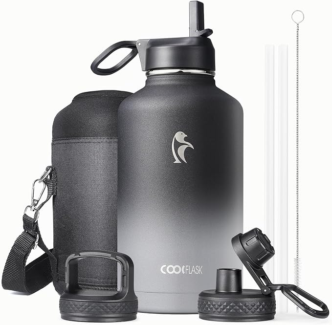 Half Gallon Insulated Water Bottle with Straw & 3 Lids, Coolflask 64 oz Water Jug Large Metal Stainless Steel Wide Mouth for Sports, Gym or Office, Non-BPA Keep Cold 48H Hot 24H, Piano Night