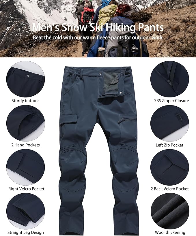 Men's Snow Ski Hiking Pants Winter Fleece Lined Softshell Outdoor Waterproof Insulated Cargo Work Pants