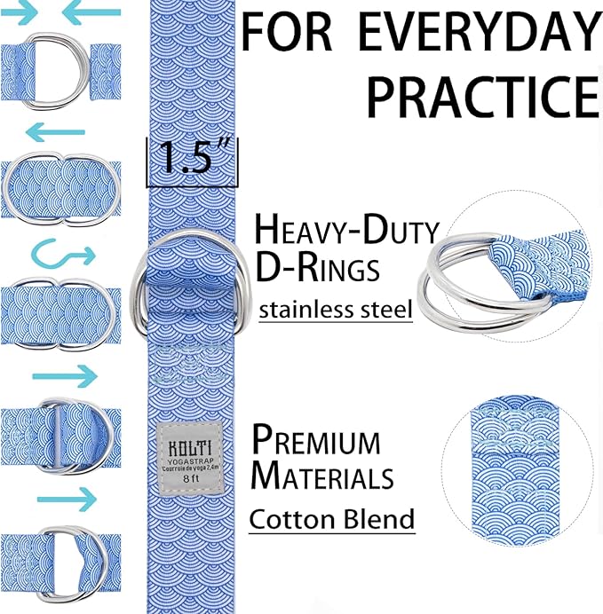 Yoga Exercise Adjustable Straps 8FT with Durable D-Ring for Pilates & Gym Workouts | Hold Poses, Stretch, Improve Flexibility & Maintain Balance