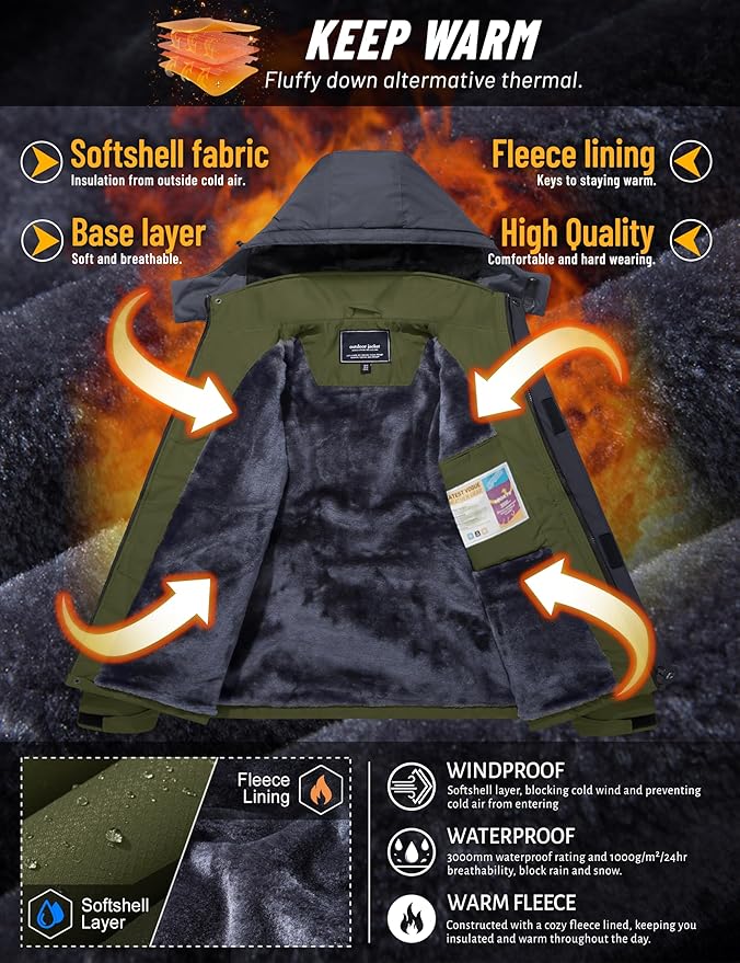 TACVASEN Winter Jacket Men's Water-Resistant Fleece Jacket Snow Ski Jacket Military Tactical Jacket Coat Parka Hood Raincoat