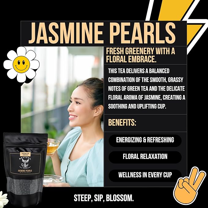Revival Tea Company Jasmine Tea Pearls - Hand-Rolled Green Tea Scented with Jasmine Flowers - 4.5 Ounces