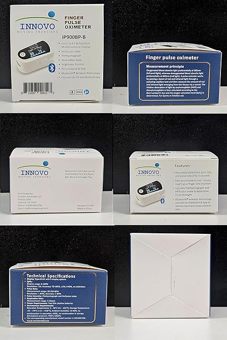 Innovo FSA/HSA Eligible iP900BP-B Fingertip Pulse Oximeter, Blood Oxygen Monitor with Free App, Plethysmograph, and Perfusion Index (with Bluetooth)