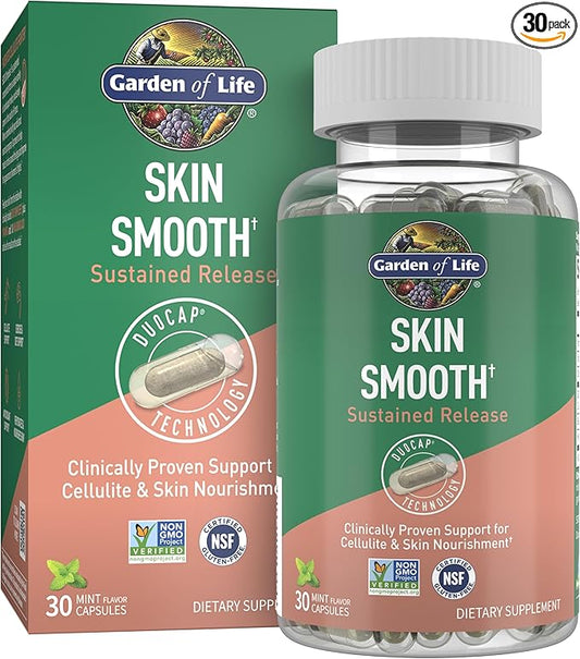 Garden of Life Skin Smooth Sustained Release Duo Caps, Best Skincare Supplement for Smooth, Radiant Skin with Hyaluronic Acid, Vitamins A & C, and SOD B Dimpless, Gluten-Free, 30 Plant-Based Capsules