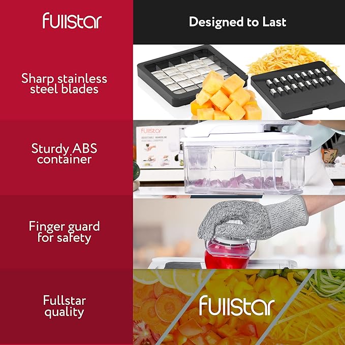Fullstar All-in-1 Vegetable Chopper and Mandoline Slicer for Kitchen - Cheese Grater, French Fry Cutter, Cheese Slicer - Bonus Handheld Spiralizer Included (6 in 1, Black/White)