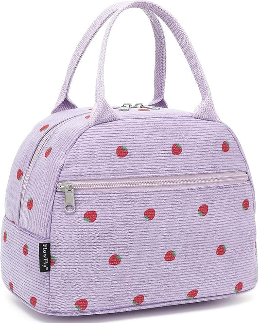 FlowFly Insulated Lunch Bag for Women – Corduroy Lunch Tote Box, Cute Cooler Bag for Work, Travel, Picnic,Corduroy Strawberries Purple