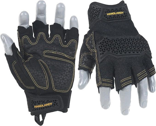 HANDLANDY Fingerless Work Gloves for Men, Padded Impact Tactical Mechanics Gloves, Grip Utility Trucker Driver Gloves (Black- Impact, X-Large (Pack of 1))