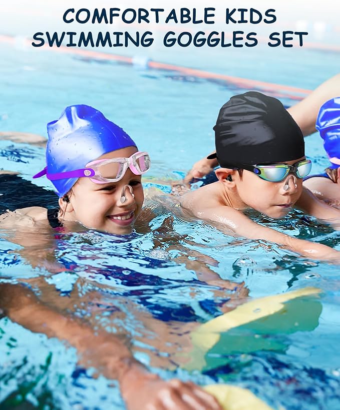Kids Swim Goggles, Swimming Goggles for Kids Toddlers 3-14 with Swim Cap, Nose Clip, Nose Bridge, Ear Plugs