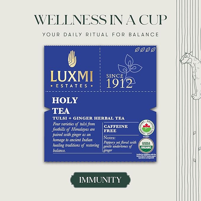 Luxmi Estates - Holy Basil - Organic Tulsi Tea - Loose Leaf - 50g (25 Cups) | With Tulsi and Ginger | Provides Immune Support, Stress Relief and Uplifts Mood