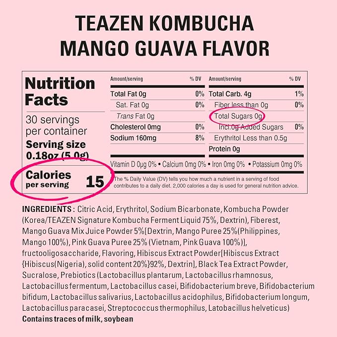 TEAZEN Mango Guava Kombucha Tea, Hydration Drink Mix, Sugar Free, Live Probiotics & Prebiotics, 30 Sticks, 5.29oz