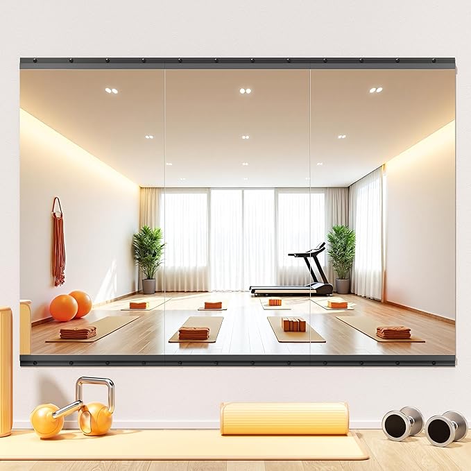 Hasipu 3 Pcs 48''x24'' Home Gym Mirror Large Full Length Wall Mounted Full Body Mirror for Yoga Dance Fitness Exercise Studio Bedroom Garage, Frameless Tempered Glass Workout Mirrors Black Rectangular