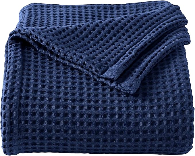 100% Cotton Waffle Weave Bed Blanket | Soft, Breathable, and Lightweight Blanket for All-Season | Perfect for Layering | Brielle Collection (Full/Queen, Navy)