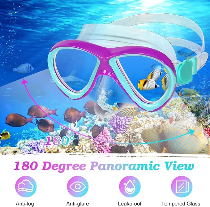 Kids Mask Fins Snorkel Set, Dry Top Snorkeling Gear for Kids Youth Boys Girls Junior Age 5-15 Tempered Glass Snorkel Mask Set Panoramic View Snorkeling Packages