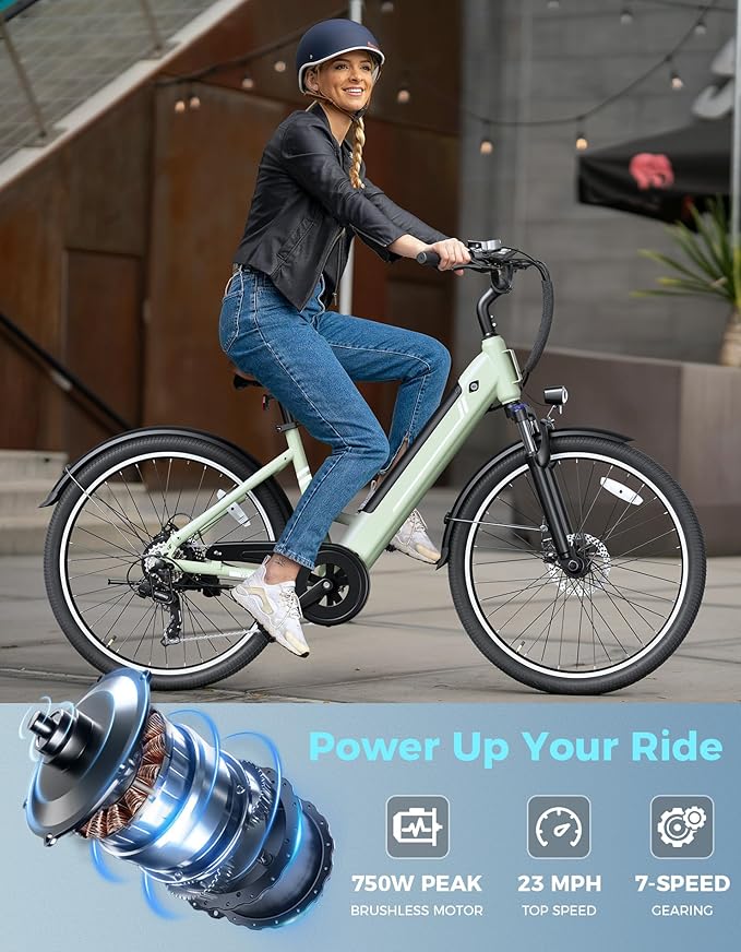 Jasion YC1/ST 26" Electric Bike, 750W Peak Motor, Step-Through Ebike for Adults, 360WH Removable Battery, Up to 40miles, Max 23MPH Urban Commuter E-Bike, 7 Speeds & Front Suspension