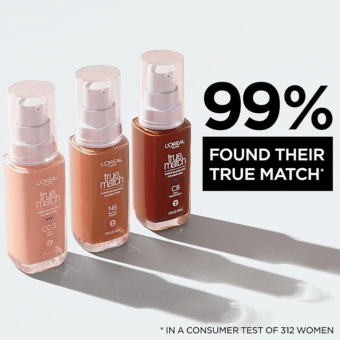 L'Oreal Paris True Match Super-Blendable Foundation, Medium Coverage Liquid Foundation Makeup, C1, Light, 1 Fl Oz