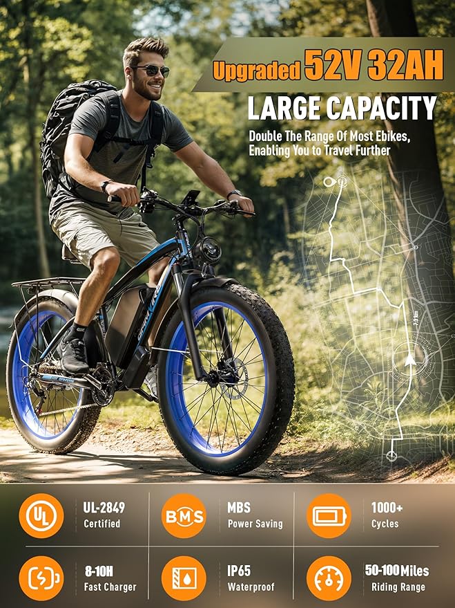 Ebike for Adults Electric, 52V 19.2Ah/32Ah, Peak 2000W/2500W E-Bike, 36/40MPH, 70 Miles/100Miles Long Range, Hydraulic Disc Brake, Off Road Snow Mountain E-Bike, 24"/26" Fat Tire Fast Electric Bicycle