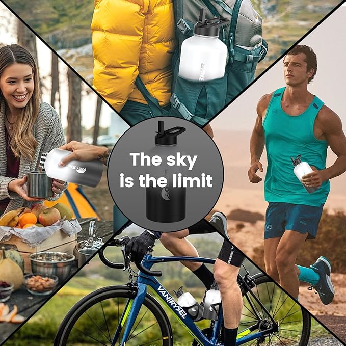 Insulated Water Bottle 128 oz, Triple Wall Vacuum Stainless Steel(Cold for 48 Hrs),Leak Proof & BPA-Free,One Gallon Water Bottle with Reflective Paracord & Flip Straw for Sports & Travel, DarkGray