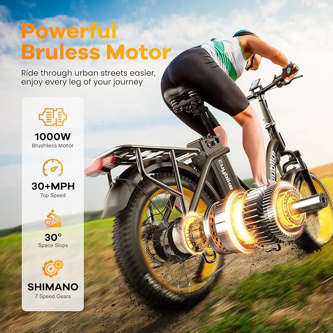 Folding Electric Bike for Adults with Peak 1000W Motor, 48V 20AH Battery up to 30MPH 80 Miles, 20" Fat Tire All Terrain Ebike, Front Suspension 7-Speed Commuter E Bike, Step-Thru, UL Certified