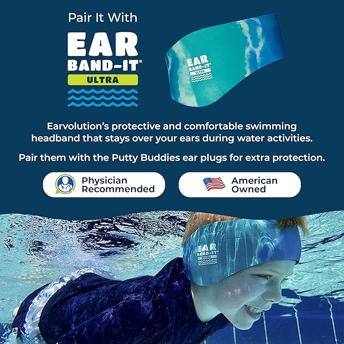 Earvolution Floating Putty Buddies Ear Plugs for Swimming - Invented by an Ear Physician - Moldable, Premium, Silicone - Floats on Water - Waterproof - Made in The USA - 3 Pack - Blue/Yellow/Green