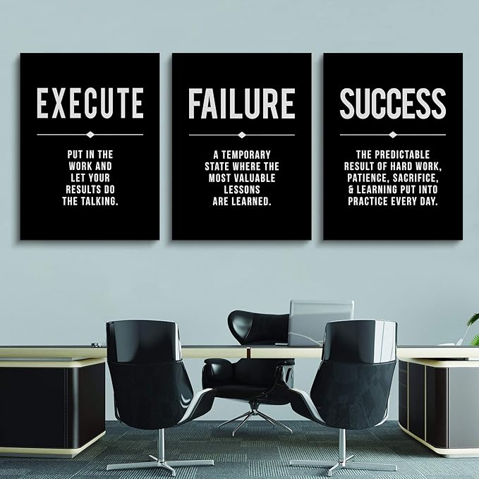 Framed Canvas Wall Art Success Quote, Office Wall Art, Black Large Poster, Positive Motivational Set of 3 Prints, Execute Failure Definition, Inspirational Print (A-3pcs,24x36inchx3pcs)