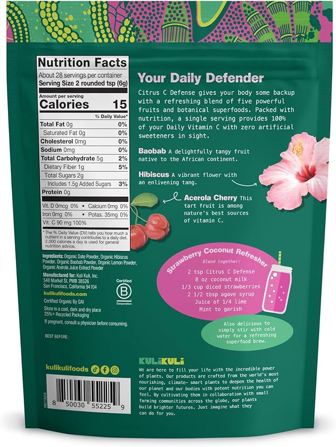 Kuli Kuli Citrus C Defense Superfood Powder [30 Servings] - Immune Support with Acerola Cherry, Hibiscus, Lucuma, and Baobab - Natural Vitamin C Boost for Daily Wellness