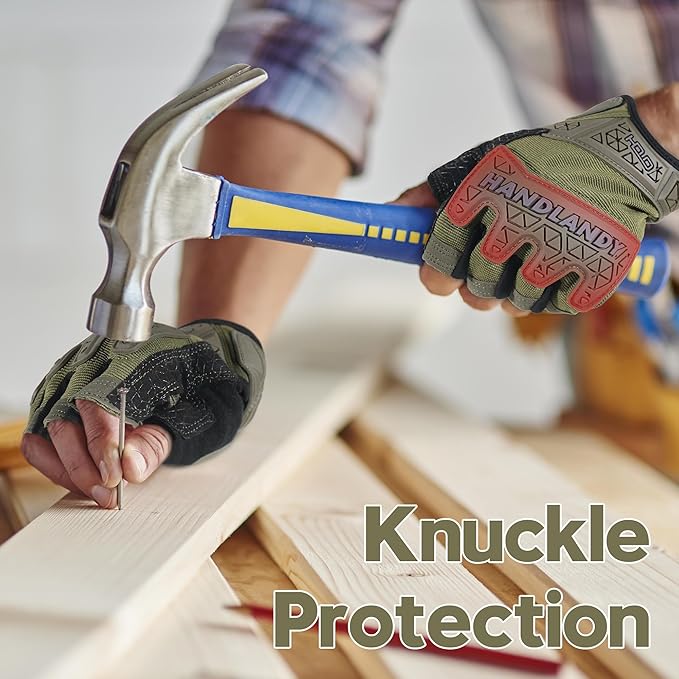 HANDLANDY Tactical Fingerless Impact Gloves for Men, Padded Grip Half Finger Work Gloves, Utility Trucker Driver Gloves (Army Green, X-Large (Pack of 1))