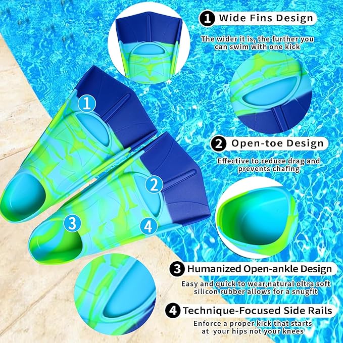 Kids Swim Fins,Short Comfortable Flippers for Lap Swimming and Training for Child,Girls,Boys,Beginners