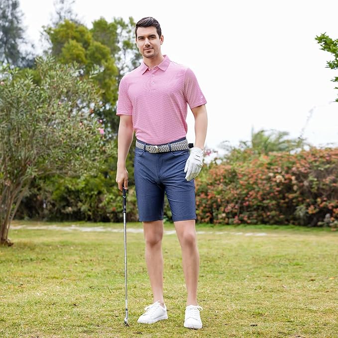 Men's Golf Polo Shirts Short Sleeve Striped Performance Moisture Wicking Dry Fit Golf Shirts for Men