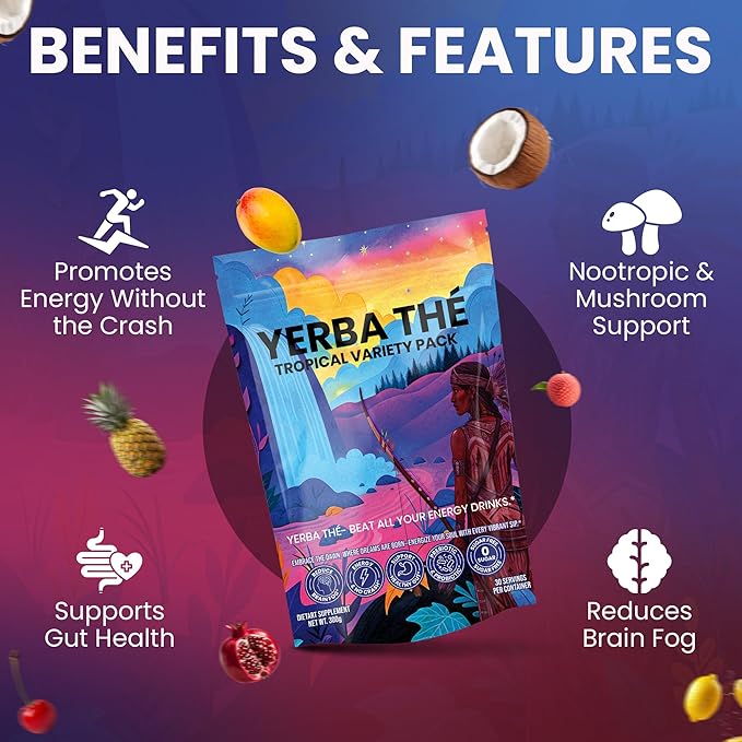 Yerba Mate Tea Powder 5 Mixed Tropical Fruit Flavors Clean Energy Drink Superfood - Support Gut Health, Probiotics and Prebiotics, Reduce Brain Fog, Relaxation & Focus Blend 30 sachets