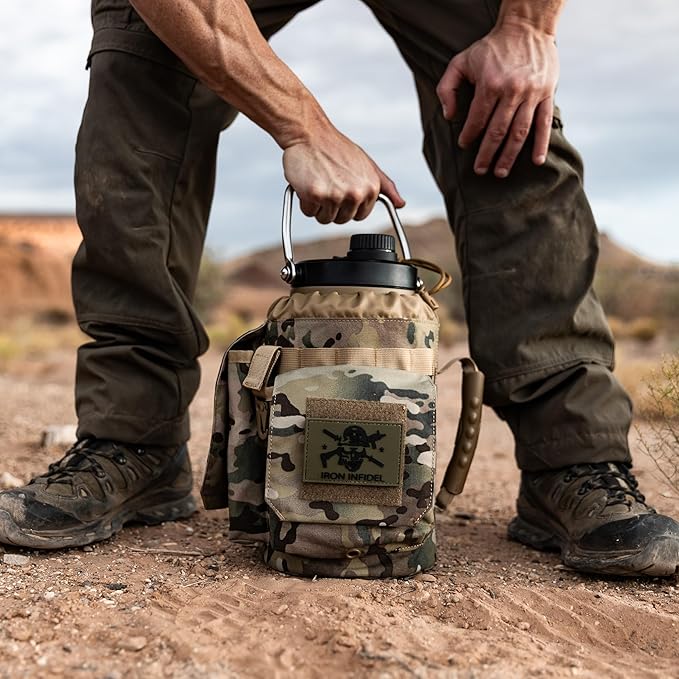 Iron Infidel Battle Bottle - One Gallon Insulated Water Bottle with Dual Carry Handles - 128 oz Tactical Stainless Steel Water Jug & Rugged Extra Large Sleeve With Storage (OCP Camo 128 Ounces)