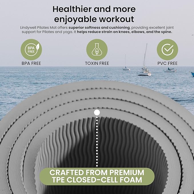 Lindywell Pilates Yoga Workout Mat Non Slip 6mm, 8mm, 10mm Thick - 6ft x 26in