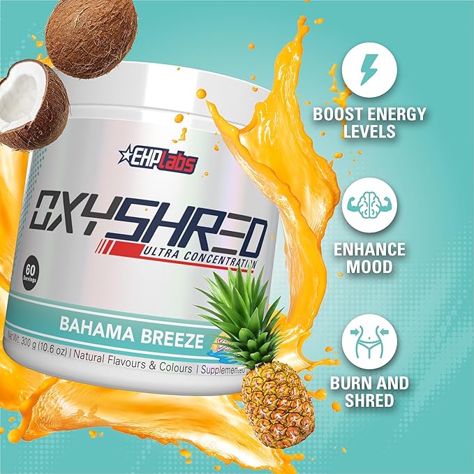EHP Labs OxyShred Pre Workout Powder - Preworkout Powder with L Glutamine & Acetyl L Carnitine, Energy Boost Drink - Bahama Breeze, 60 Servings