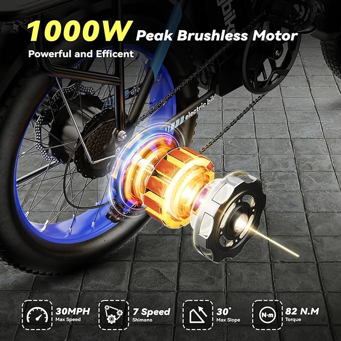 Foldable Electric Bike for Adults, 30+MPH, 48V 20Ah Removable Lithium Battery up to 80Miles, 20" Fat Tire 1000W Peak Motor Dirt Ebike Adult Electric Bicycle for Commute Beach Mountain E Bike