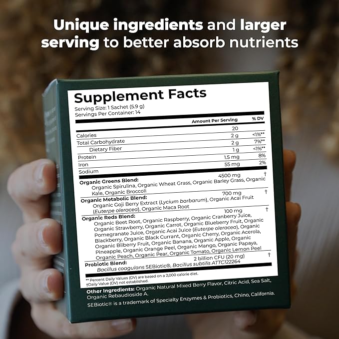 Greens Powder Travel Packs - 14 Servings for Memory, Digestion I Best Taste Super Greens Powder with Organic Spirulina, Goji, Beetroot, Pomegranate I Vegan, Non-GMO