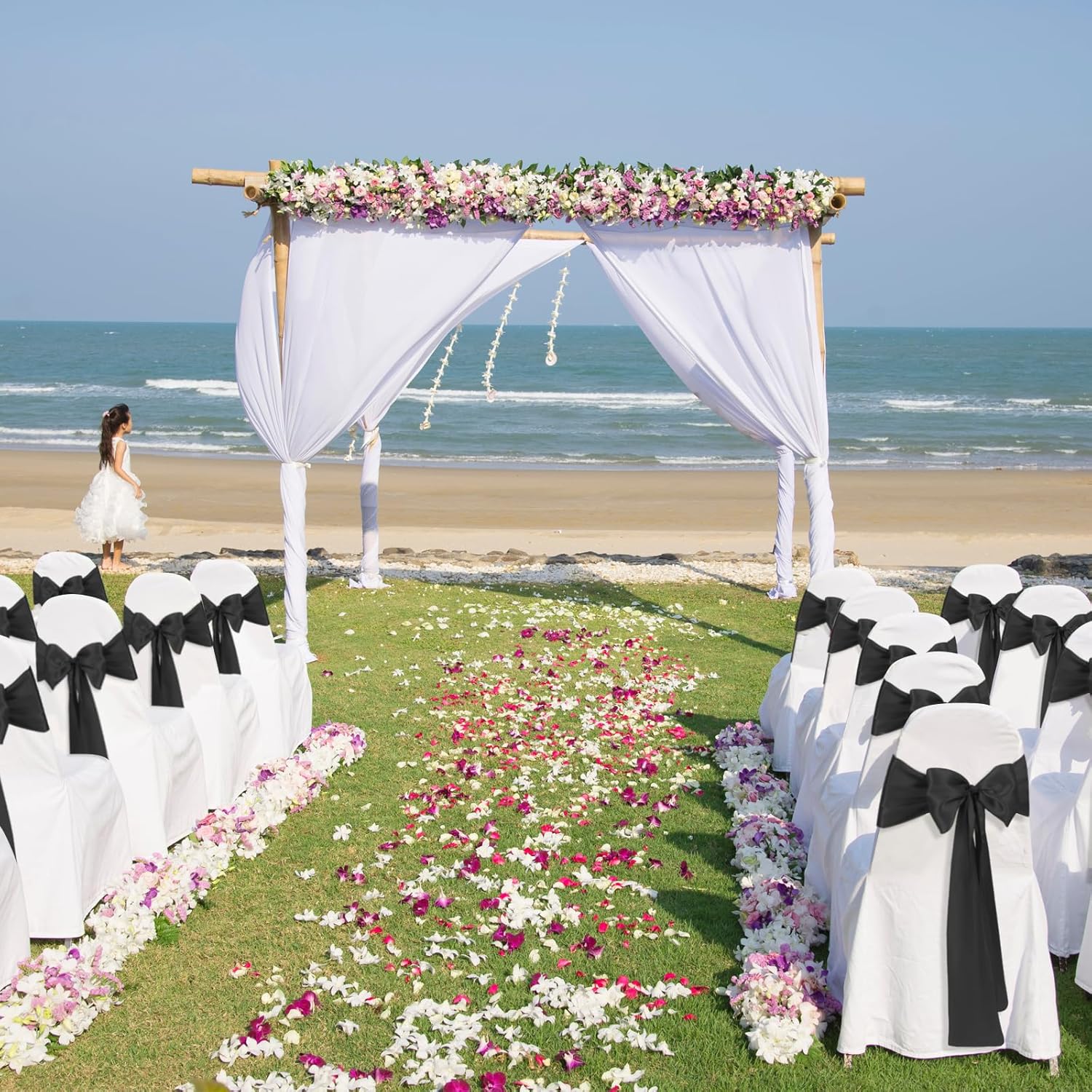 10 PCS Black Satin Chair Sashes Bows Universal Chair Ribbon Ties Back Sash for Wedding Party Reception Events Banquets Hotel Event Chair Cover Decoration (Champagne 7x108 inch)