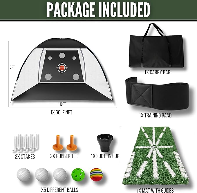 Golf Net 10x7ft – All-in-One Indoor/Outdoor Practice net with Multiple Targets, Heavy-Duty Base, tee, Balls & Bag for Driving, Chipping & Swing Training for Golf Lovers & dads.