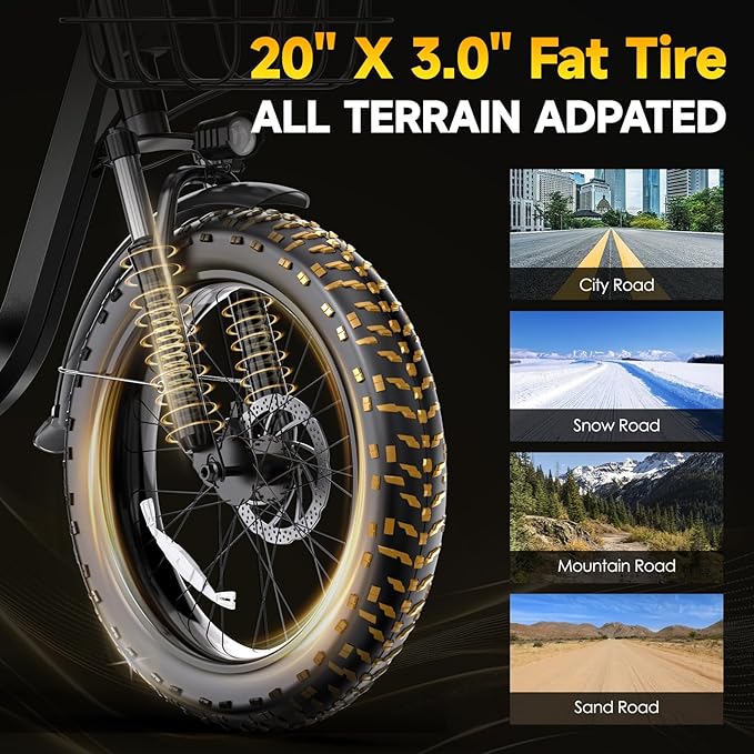 Electric Bike for Adults 20" Fat Tire,750W Motor 52V 13AH Removable Battery Max Range 35 Miles,28MPH,Folding EBike with Shimano 7 Speed and Adjustable Seat for Commute Mountain Snow